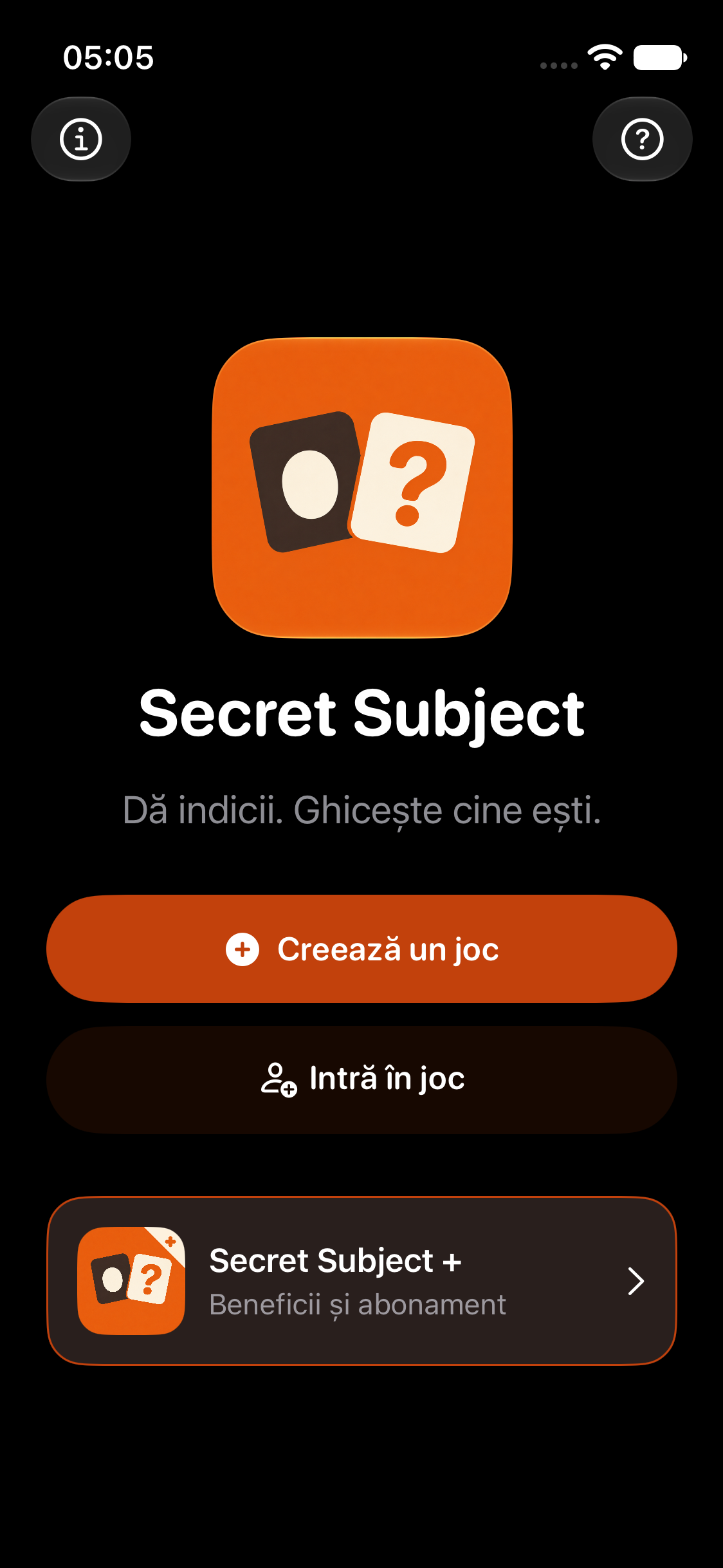 Ecranul principal Secret Subject, cu Creează un joc, Intră în joc și cardul Secret Subject +.